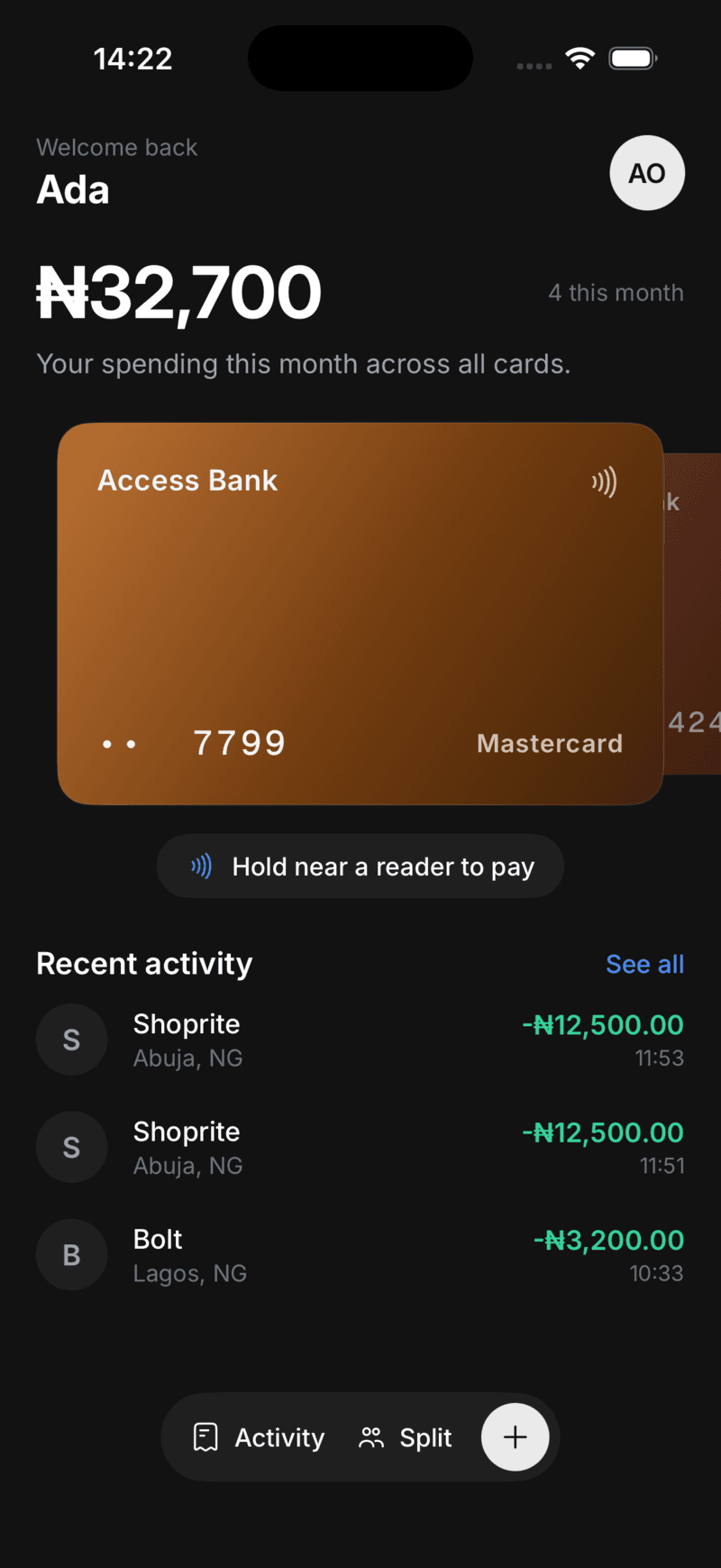 The Taprail home screen showing this month's spend, your card and recent payments