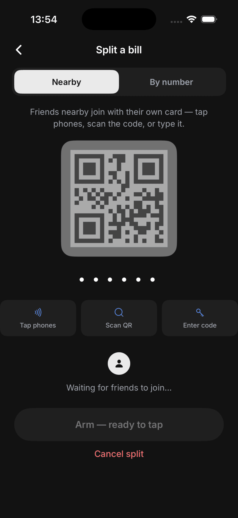 Splitting a bill in Taprail by tapping phones, scanning a QR code, or entering a code